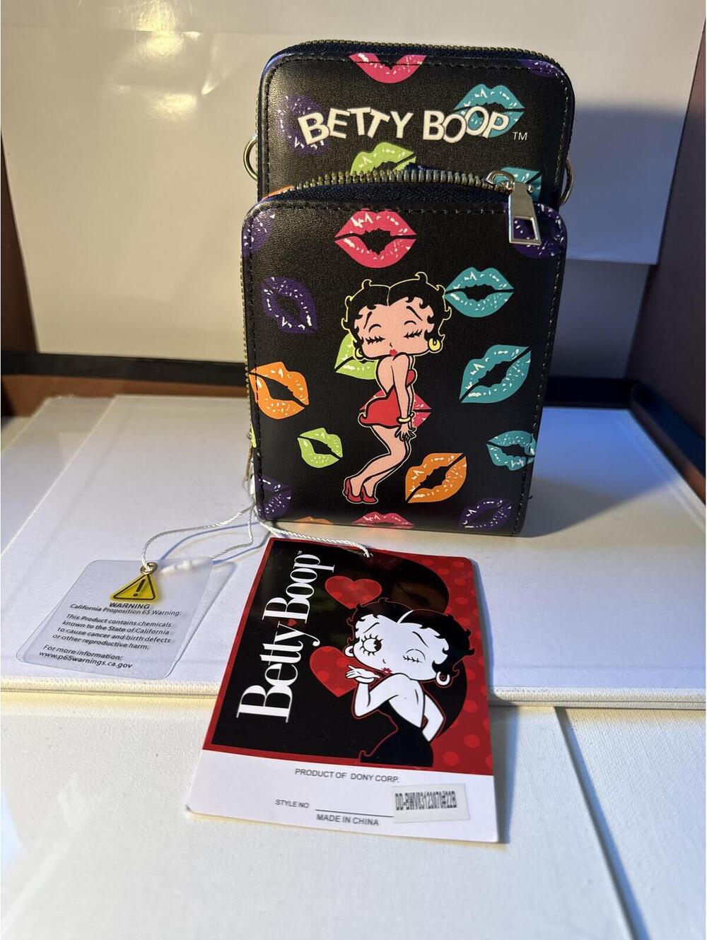 Betty Boop Black Multi-Zip Crossbody Wallet Bag